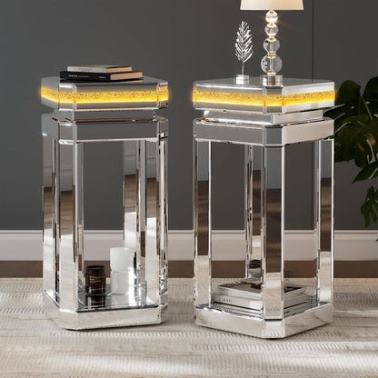 ARICOEASY 24" Tall Corner Table Silver Side Table Glass Mirror End Table Accent Table Mirrored Diamond Crush Mirrors with Storage Space