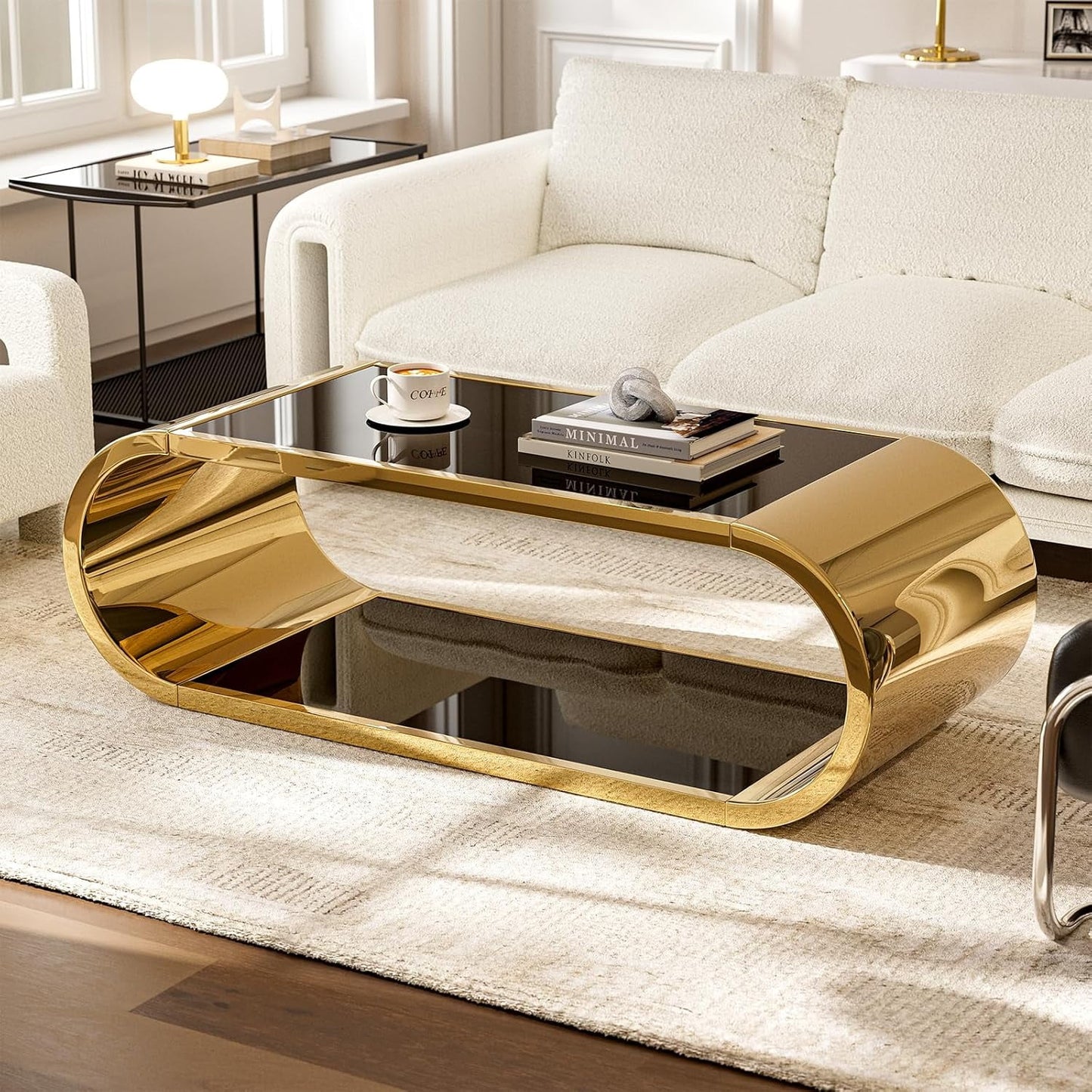 ARICOEASY Modern Coffee Table for Living Room, 2-Tier Black Tempered Glass Center Table with Gold Stainless Steel Frame, Oval Shape for Home Office or Apartment