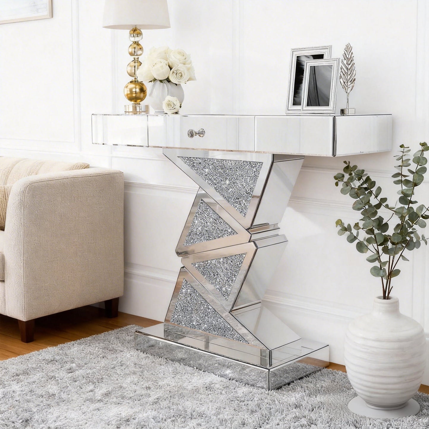 ARICOEASY Mirrored Console Table with LED Light and Storage Drawer, Long Entryway Sofa Table
