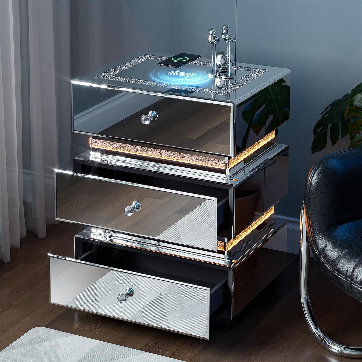 ARICOEASY Silver Finished Accent Side Table End Table with Storage Drawers and LED Light for Bedroom Living Room