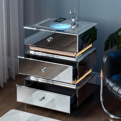 ARICOEASY Silver Finished Accent Side Table End Table with Storage Drawers and LED Light for Bedroom Living Room