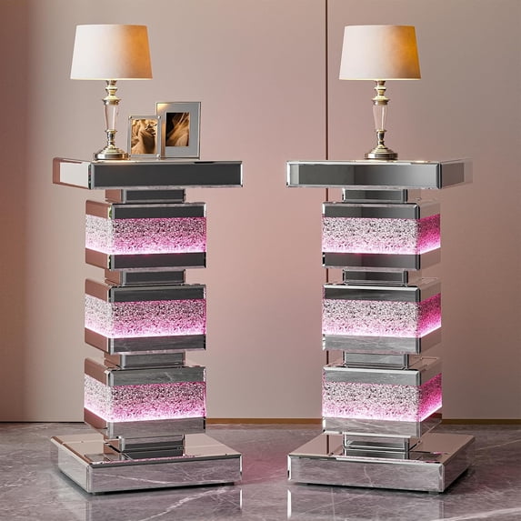 ARICOEASY Mirrored End Table Nightstand Bedside Table with LED light