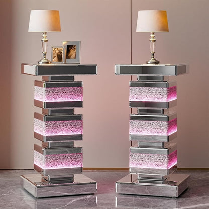 ARICOEASY Mirrored End Table Nightstand Bedside Table with LED light