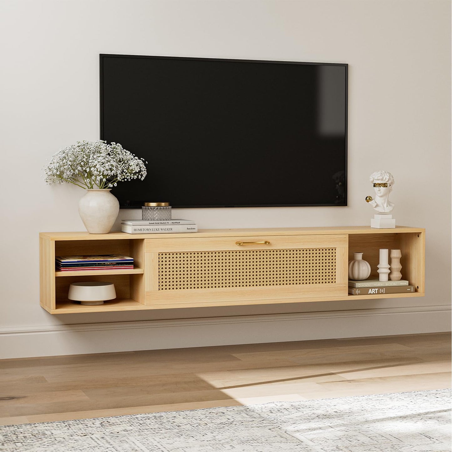 ARICOEASY Modern Wall-Mounted Media Console Floating TV Stand for 75 Inch TV with Rattan Door and Storage Space