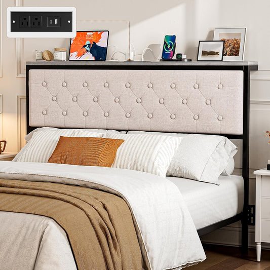 ARICOEASY Queen Size Storage Headboard with Charging Station, Upholstered Button Tufted Headboard, Easy Assembly