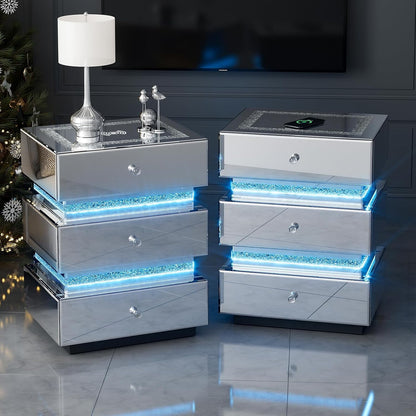 ARICOEASY Silver Finished Accent Side Table End Table with Storage Drawers and LED Light for Bedroom Living Room