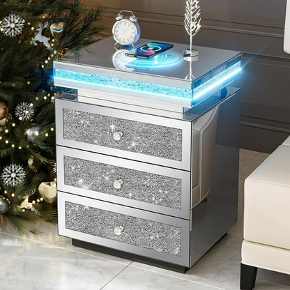 ARICOEASY Mirrored Nightstands with LED Lights & Charging Station, Silver Glam Bedroom Furniture Set, Fully Assembled