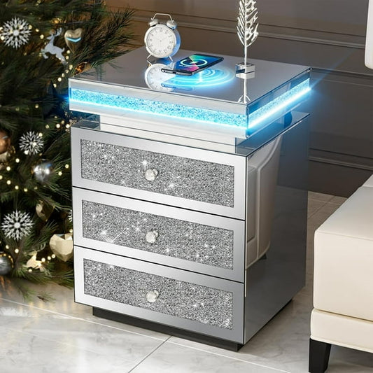 ARICOEASY Mirrored Nightstands with LED Lights & Charging Station, Silver Glam Bedroom Furniture Set, Fully Assembled