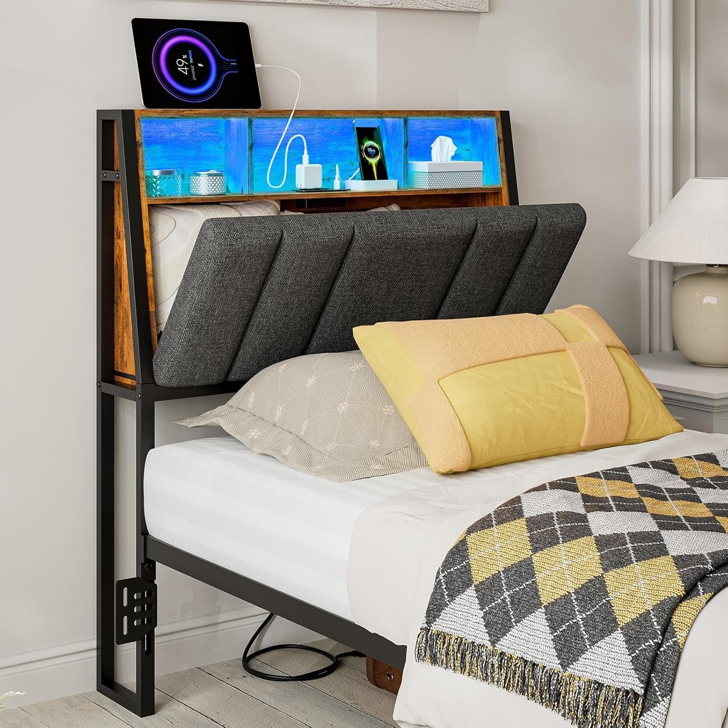 ARICOEASY Hidden Storage Headboard Twin Size with Charging Station, Ergonomic Upholstered Twin XL Headboard Only with LED Lights, 2 Outlets & 2 USB Ports, Attach Frame, Easy Assembly