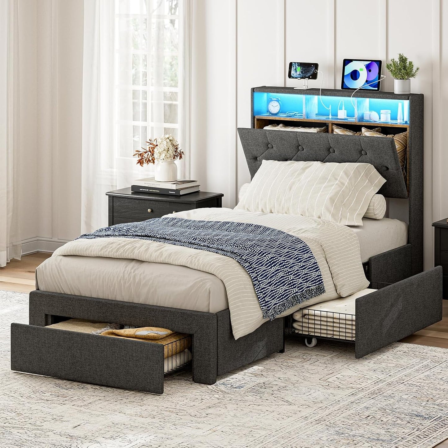 ARICOEASY Twin XL Bed Frames with Hidden Storage Headboard & Drawers, Upholstered Twin XL Platform Bed with LED Lights, Type-C Charging Station, No Box Spring Needed, Solid Wood Slats