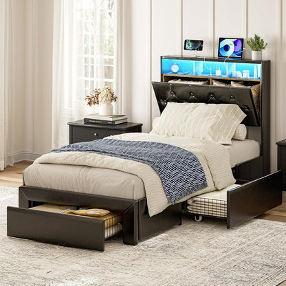 ARICOEASY Twin XL Bed Frames with Hidden Storage Headboard & Drawers, Upholstered Twin XL Platform Bed with LED Lights, Type-C Charging Station, No Box Spring Needed, Solid Wood Slats