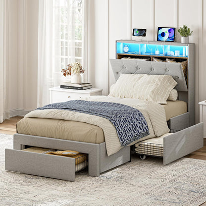 ARICOEASY Twin XL Bed Frames with Hidden Storage Headboard & Drawers, Upholstered Twin XL Platform Bed with LED Lights, Type-C Charging Station, No Box Spring Needed, Solid Wood Slats