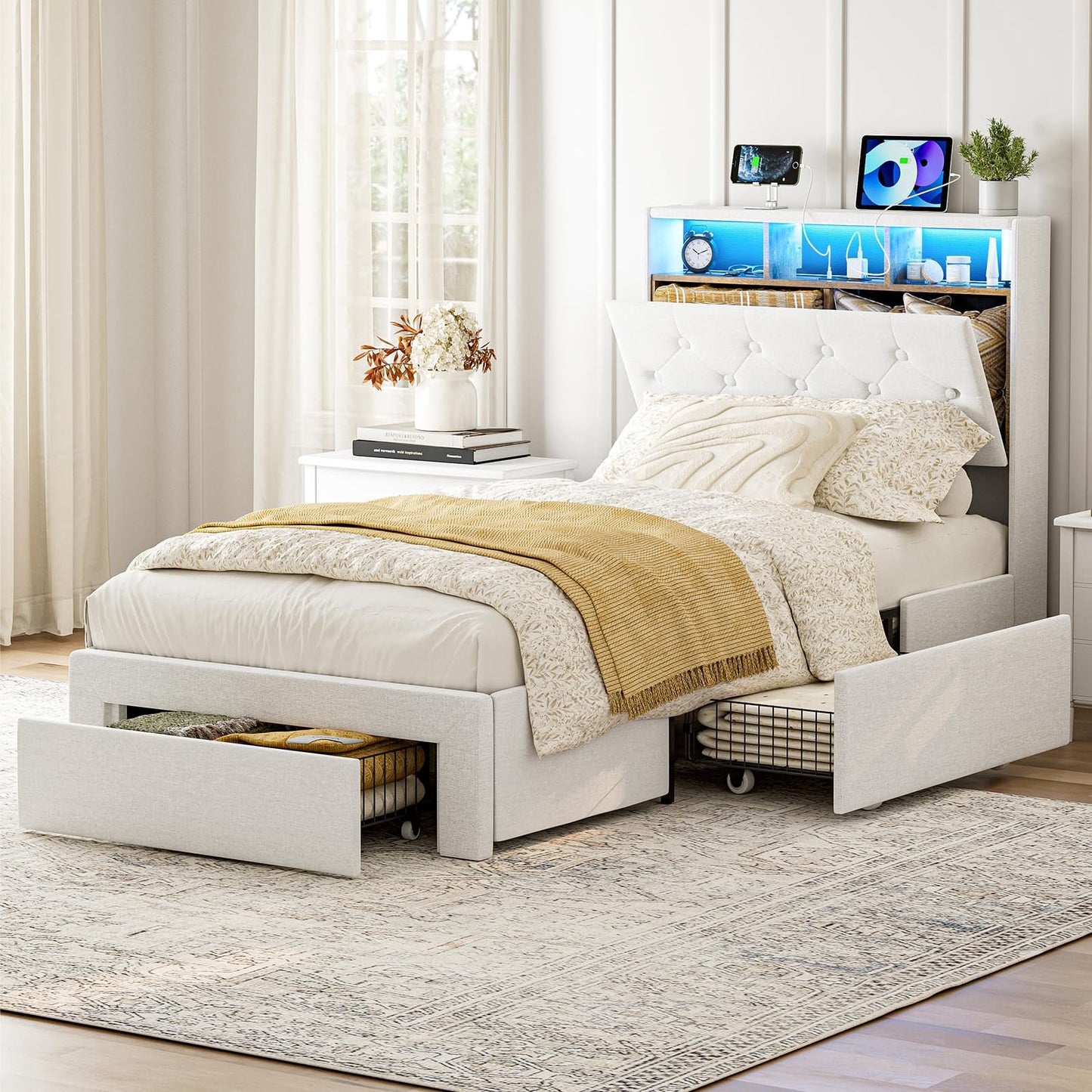 ARICOEASY Twin XL Bed Frames with Hidden Storage Headboard & Drawers, Upholstered Twin XL Platform Bed with LED Lights, Type-C Charging Station, No Box Spring Needed, Solid Wood Slats
