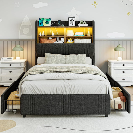 ARICOEASY Twin XL Upholstered Bed Frame with Storage Headboard & 4 Drawers, 49.2” Tall Wingback Platform Bed with RGB LED Lights & Charging Station, No Box Spring Needed, Noise-Free
