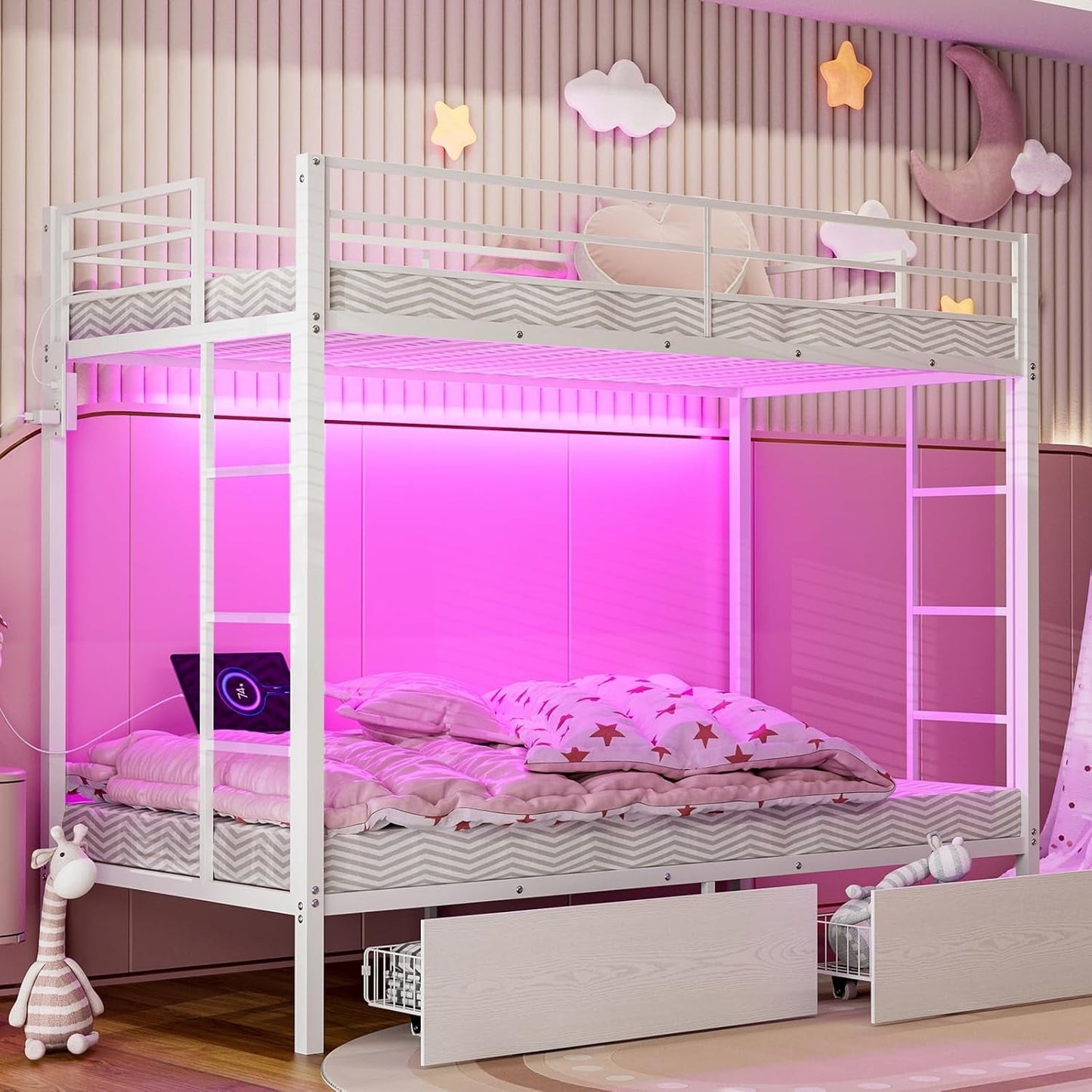 ARICOEASY Twin XL Over Twin XL Metal Bunk Bed with LED Lights & Charging Station, Heavy Duty Bunk Bed Frame with 2 Storage Drawers, Safety Guardrails, Dual Ladders