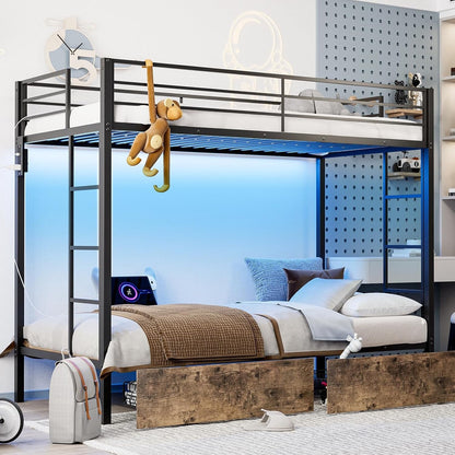 ARICOEASY Twin XL Over Twin XL Metal Bunk Bed with LED Lights & Charging Station, Heavy Duty Bunk Bed Frame with 2 Storage Drawers, Safety Guardrails, Dual Ladders