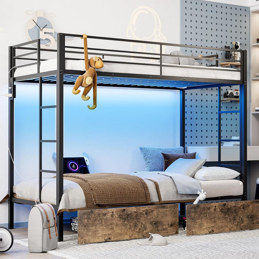 ARICOEASY Twin XL Over Twin XL Metal Bunk Bed with LED Lights & Charging Station, Heavy Duty Bunk Bed Frame with 2 Storage Drawers, Safety Guardrails, Dual Ladders