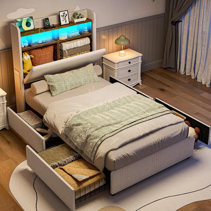 ARICOEASY Twin XL Upholstered Bed Frame with Storage Headboard & 4 Drawers, 49.2” Tall Wingback Platform Bed with RGB LED Lights & Charging Station, No Box Spring Needed, Noise-Free