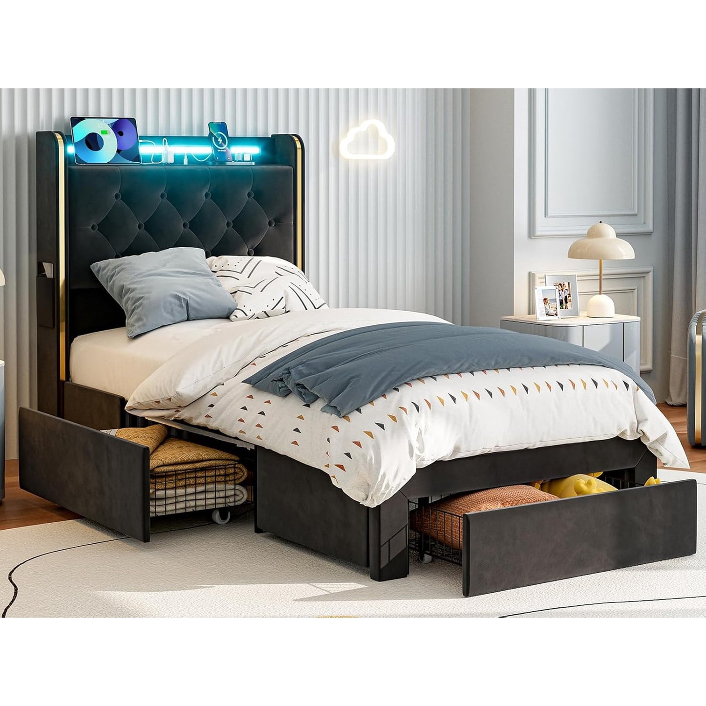 ARICOEASY Bed Frames with 3 Drawer Storage, Velvet Platform Bed with Button Tufted Headboard