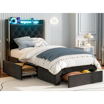 ARICOEASY Bed Frames with 3 Drawer Storage, Velvet Platform Bed with Button Tufted Headboard