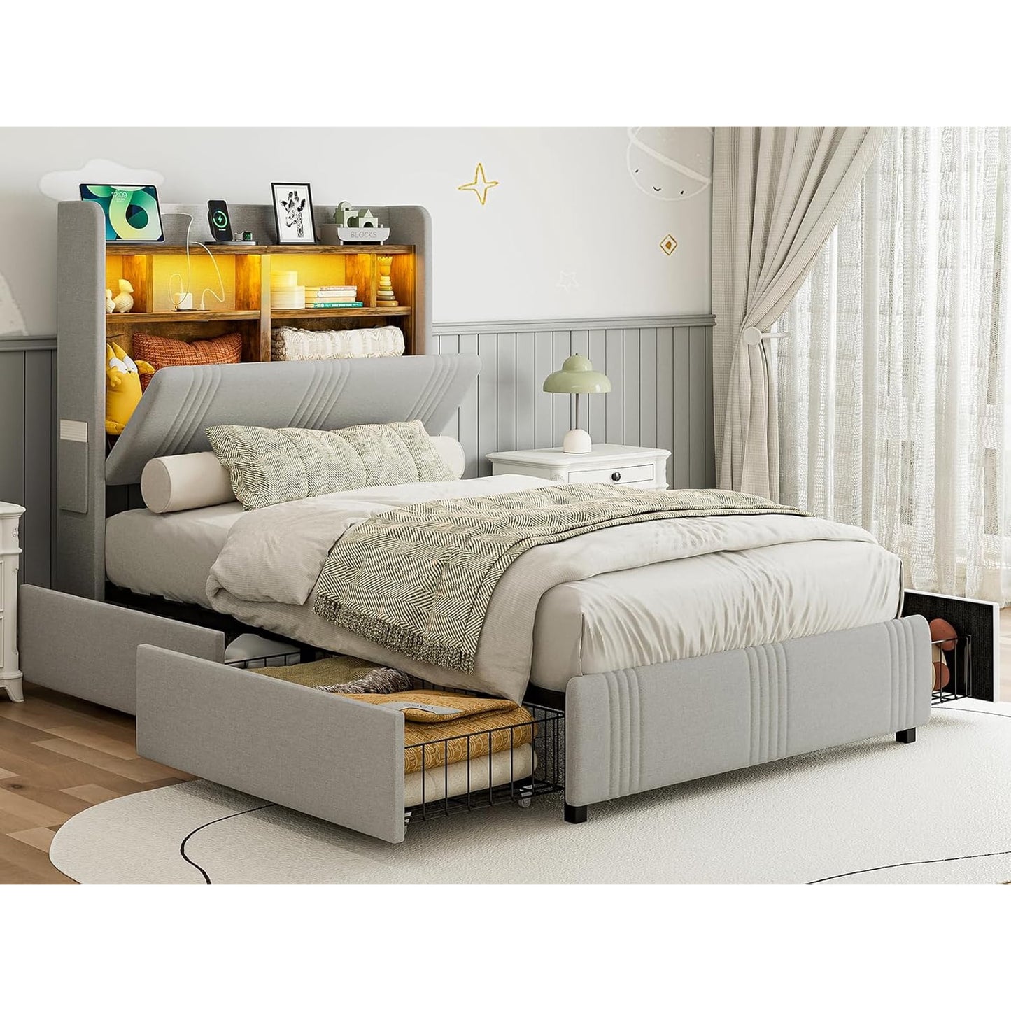 ARICOEASY Twin XL Upholstered Bed Frame with Storage Headboard & 4 Drawers, 49.2” Tall Wingback Platform Bed with RGB LED Lights & Charging Station, No Box Spring Needed, Noise-Free