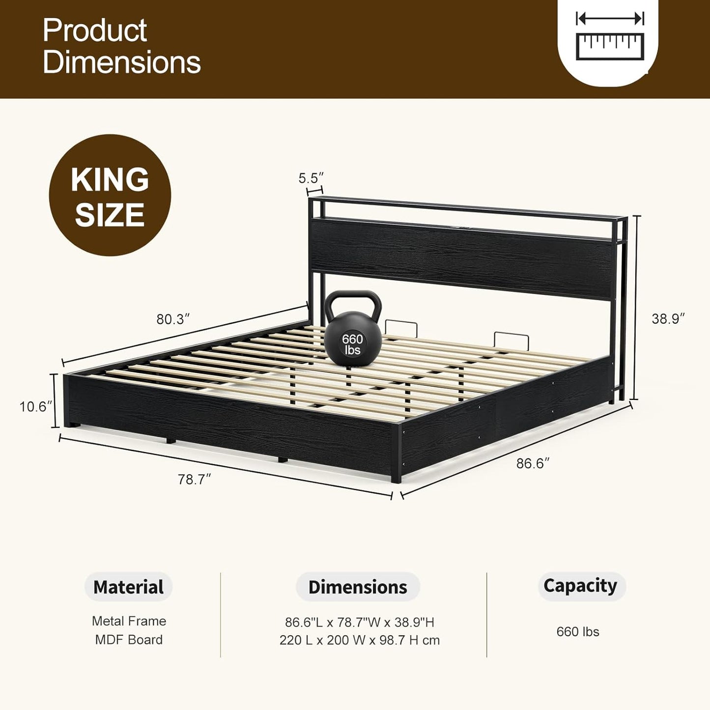 Solid Wood Slats Bed Frame,Lift Up Storage with Charging Shelf Headboard,No Box Spring Needed