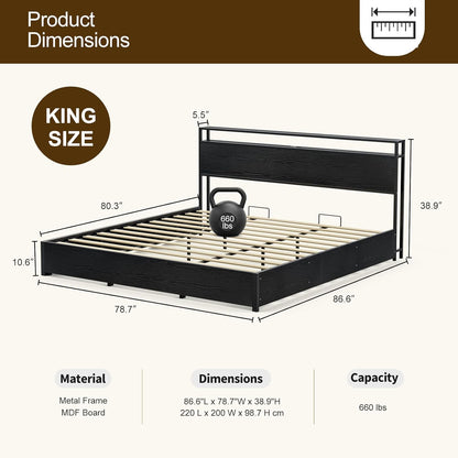 Solid Wood Slats Bed Frame,Lift Up Storage with Charging Shelf Headboard,No Box Spring Needed