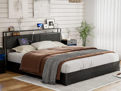 Solid Wood Slats Bed Frame,Lift Up Storage with Charging Shelf Headboard,No Box Spring Needed