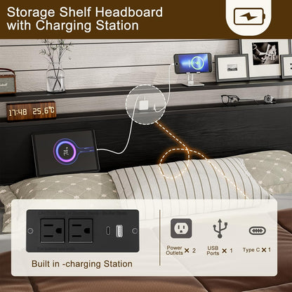 Solid Wood Slats Bed Frame,Lift Up Storage with Charging Shelf Headboard,No Box Spring Needed