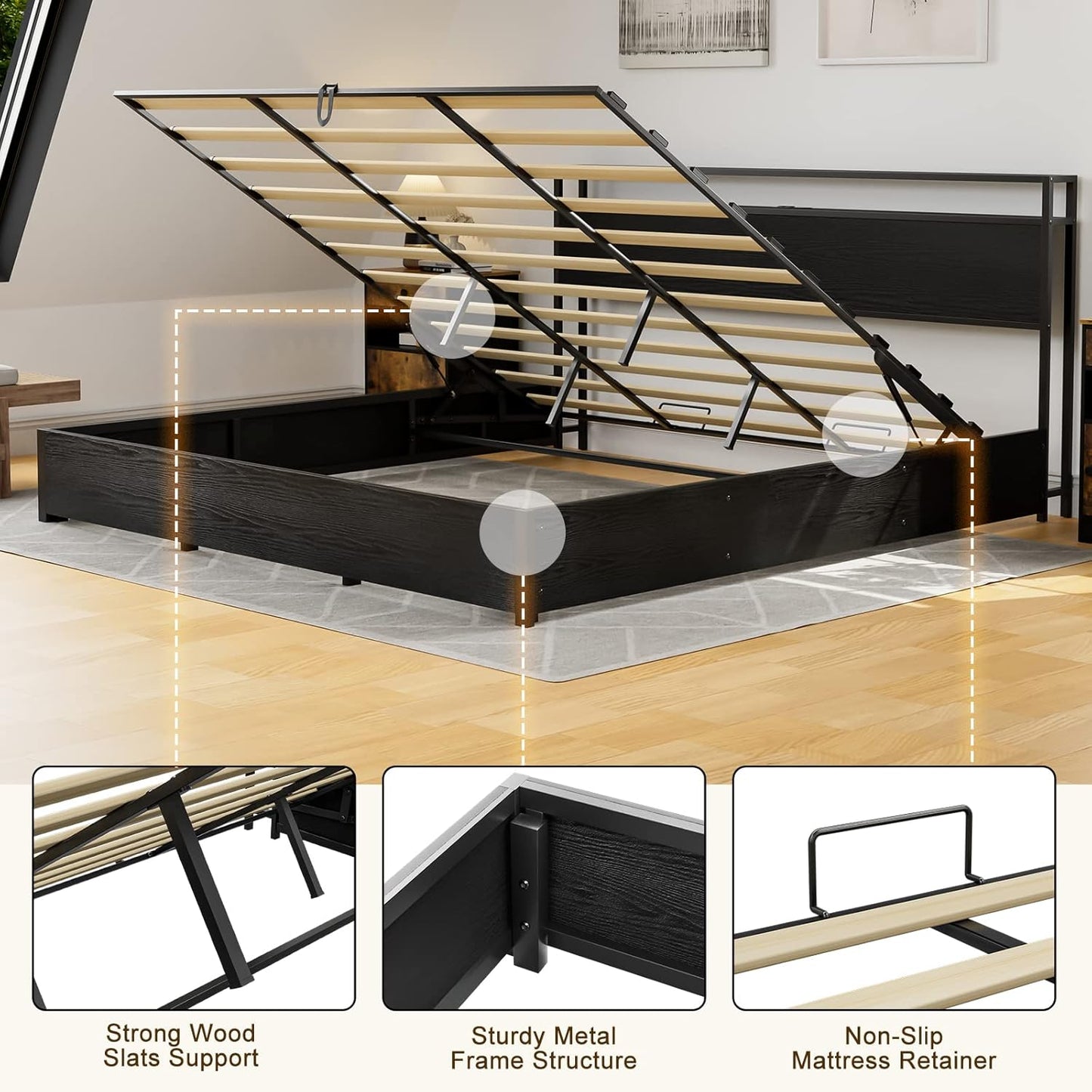 Solid Wood Slats Bed Frame,Lift Up Storage with Charging Shelf Headboard,No Box Spring Needed