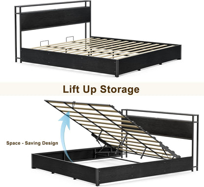 Solid Wood Slats Bed Frame,Lift Up Storage with Charging Shelf Headboard,No Box Spring Needed