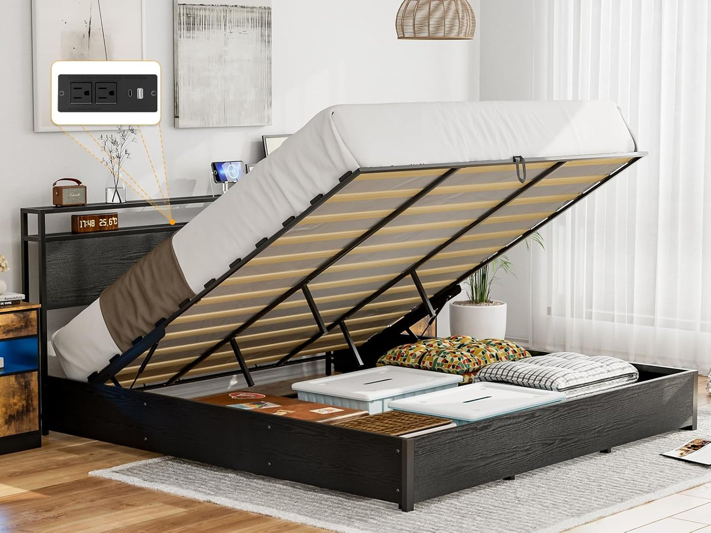 Solid Wood Slats Bed Frame,Lift Up Storage with Charging Shelf Headboard,No Box Spring Needed