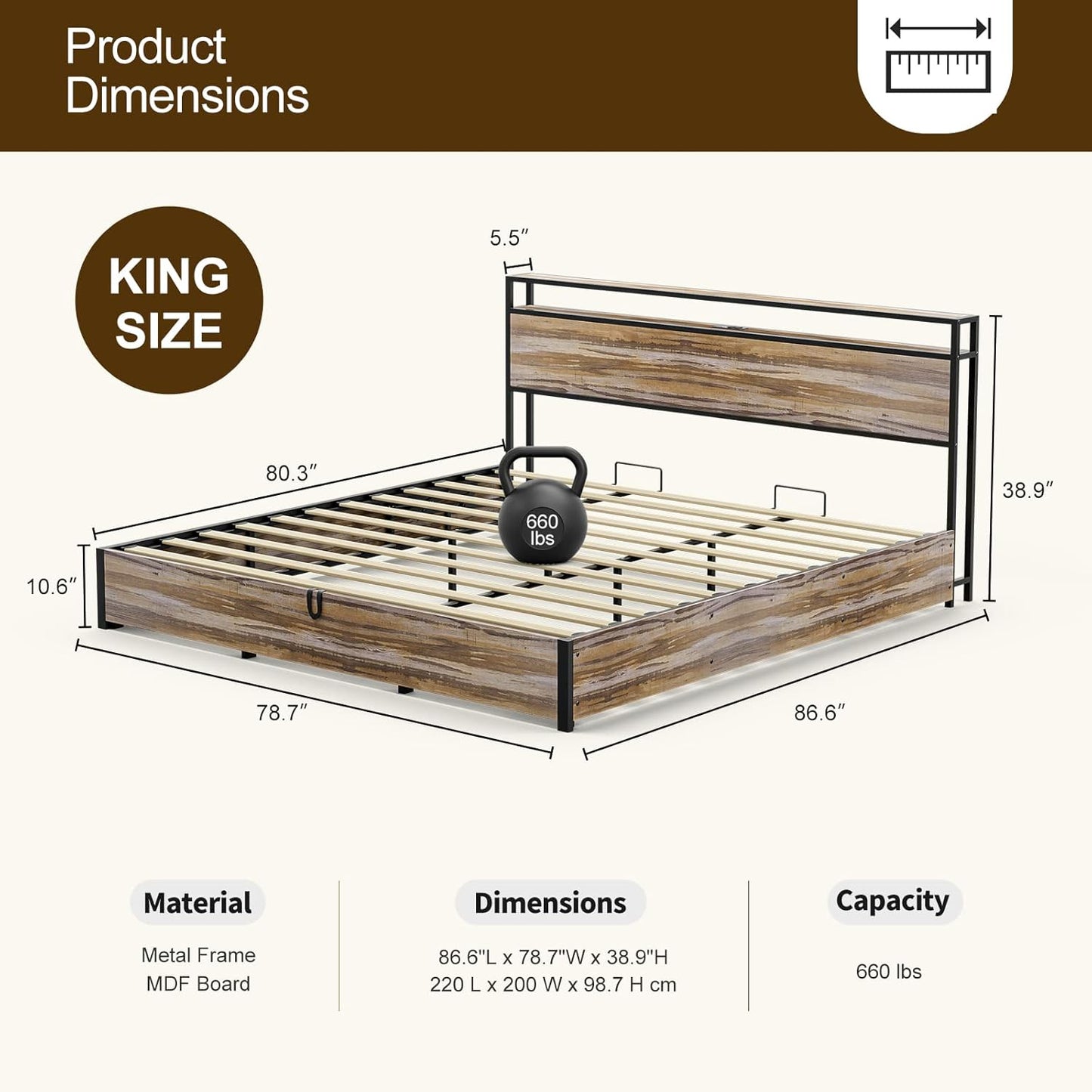 Solid Wood Slats Bed Frame,Lift Up Storage with Charging Shelf Headboard,No Box Spring Needed
