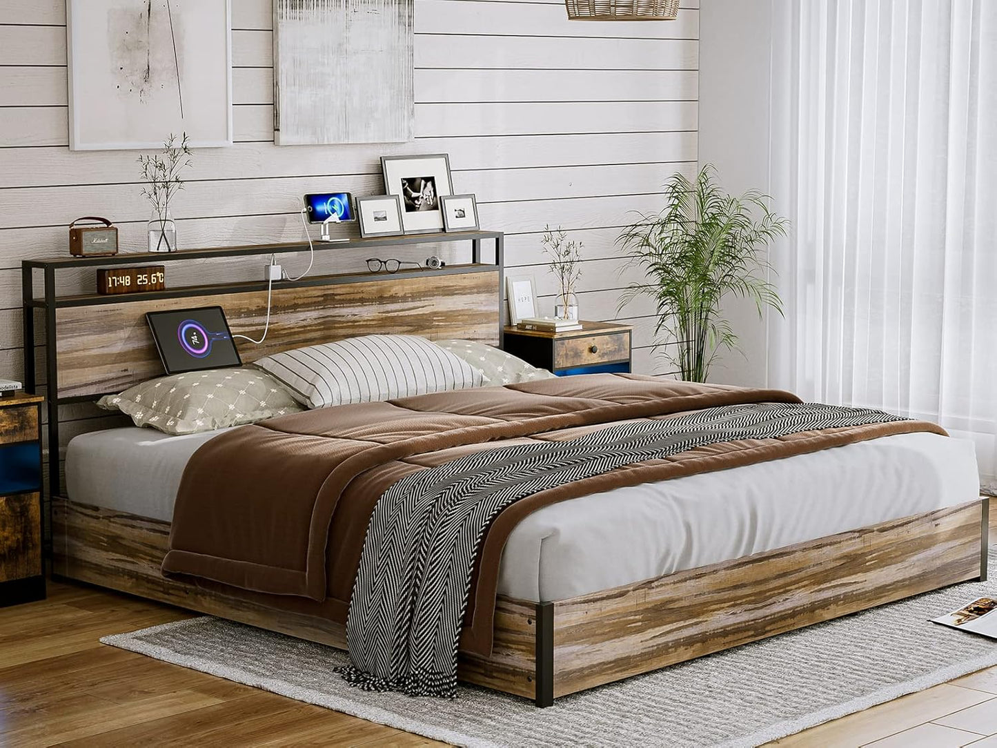 Solid Wood Slats Bed Frame,Lift Up Storage with Charging Shelf Headboard,No Box Spring Needed