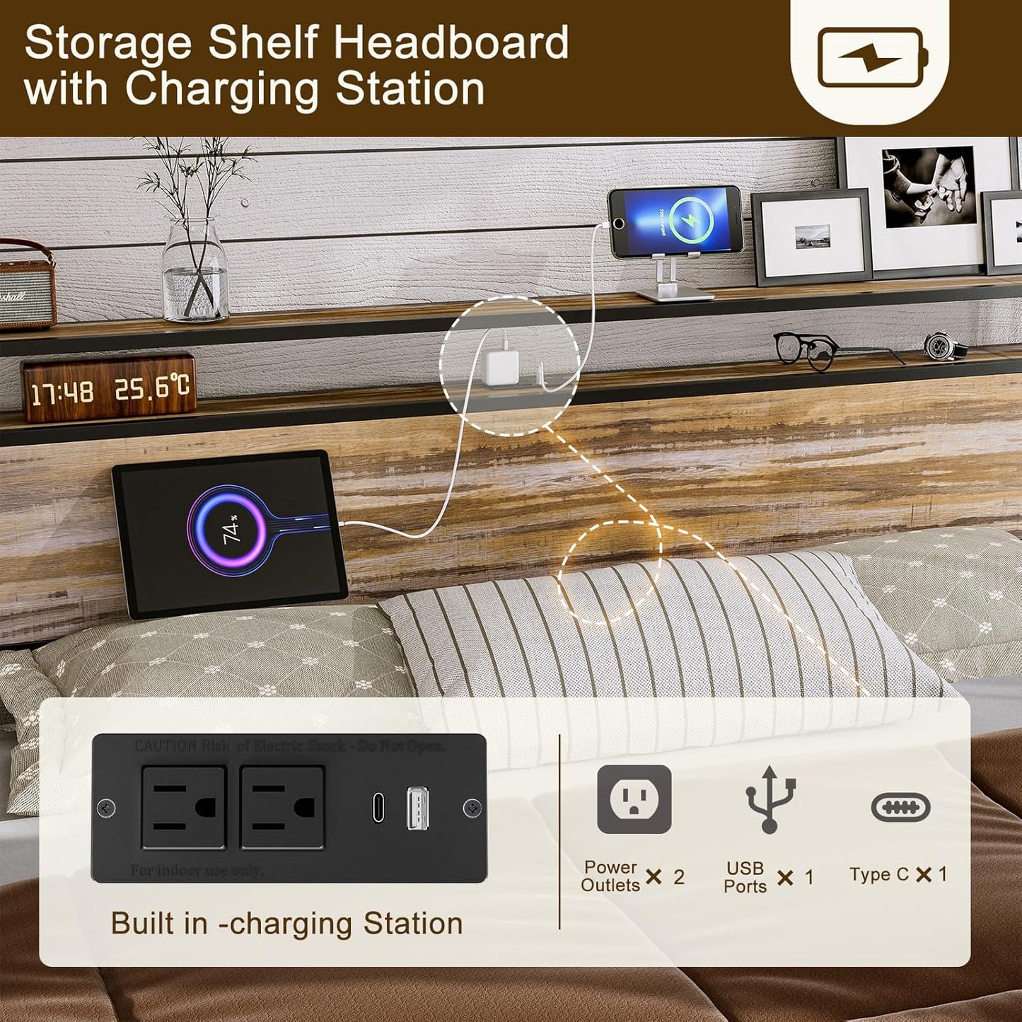 Solid Wood Slats Bed Frame,Lift Up Storage with Charging Shelf Headboard,No Box Spring Needed