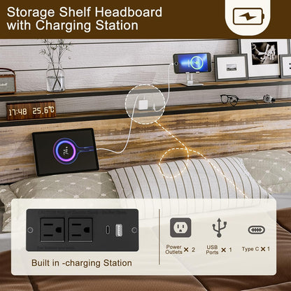 Solid Wood Slats Bed Frame,Lift Up Storage with Charging Shelf Headboard,No Box Spring Needed