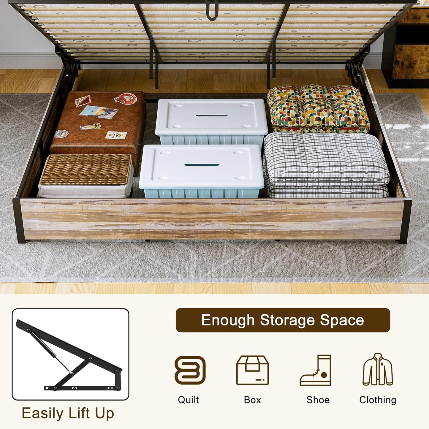 Solid Wood Slats Bed Frame,Lift Up Storage with Charging Shelf Headboard,No Box Spring Needed