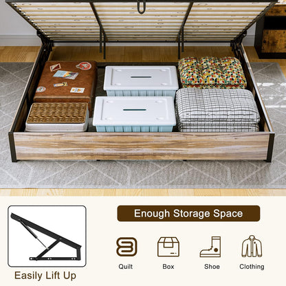 Solid Wood Slats Bed Frame,Lift Up Storage with Charging Shelf Headboard,No Box Spring Needed