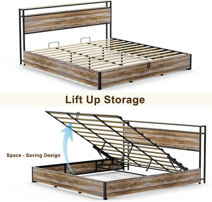 Solid Wood Slats Bed Frame,Lift Up Storage with Charging Shelf Headboard,No Box Spring Needed