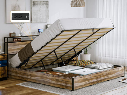 Solid Wood Slats Bed Frame,Lift Up Storage with Charging Shelf Headboard,No Box Spring Needed