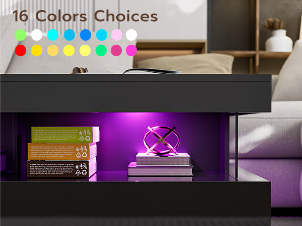LED Coffee Table with Open Space 2 Storage Drawers 16 Colors LED Lights