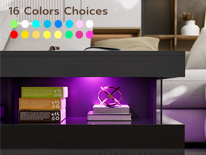 LED Coffee Table with Open Space 2 Storage Drawers 16 Colors LED Lights