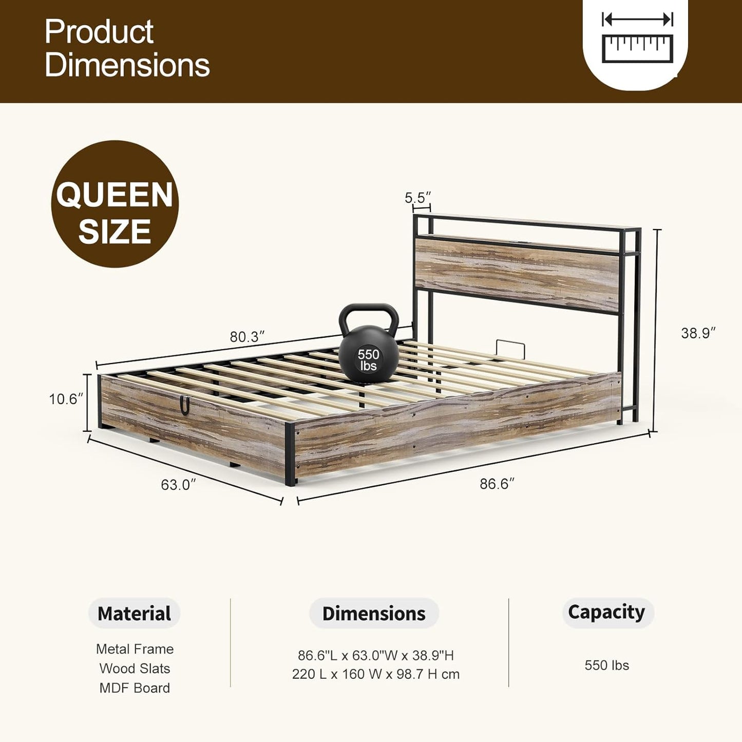Solid Wood Slats Bed Frame,Lift Up Storage with Charging Shelf Headboard,No Box Spring Needed