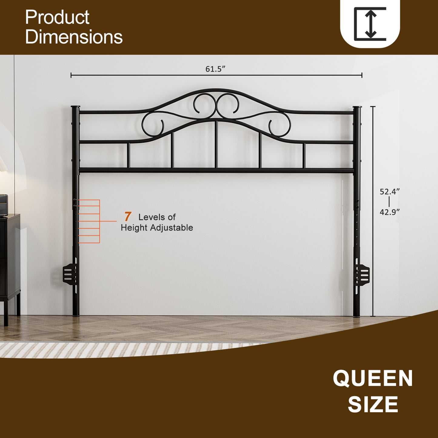 Metal Headboard, Adjustable Height, Heavy Duty Steel Curved Headboard