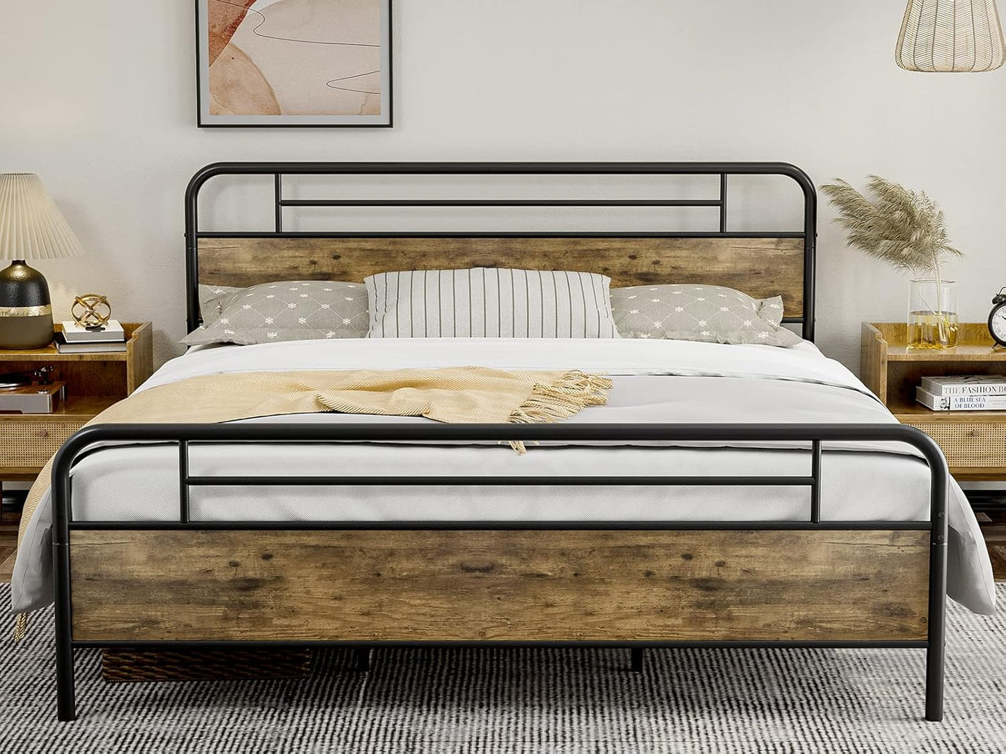Metal Platform Bed Frame with Wood Headboard Footboard No Box Spring Needed
