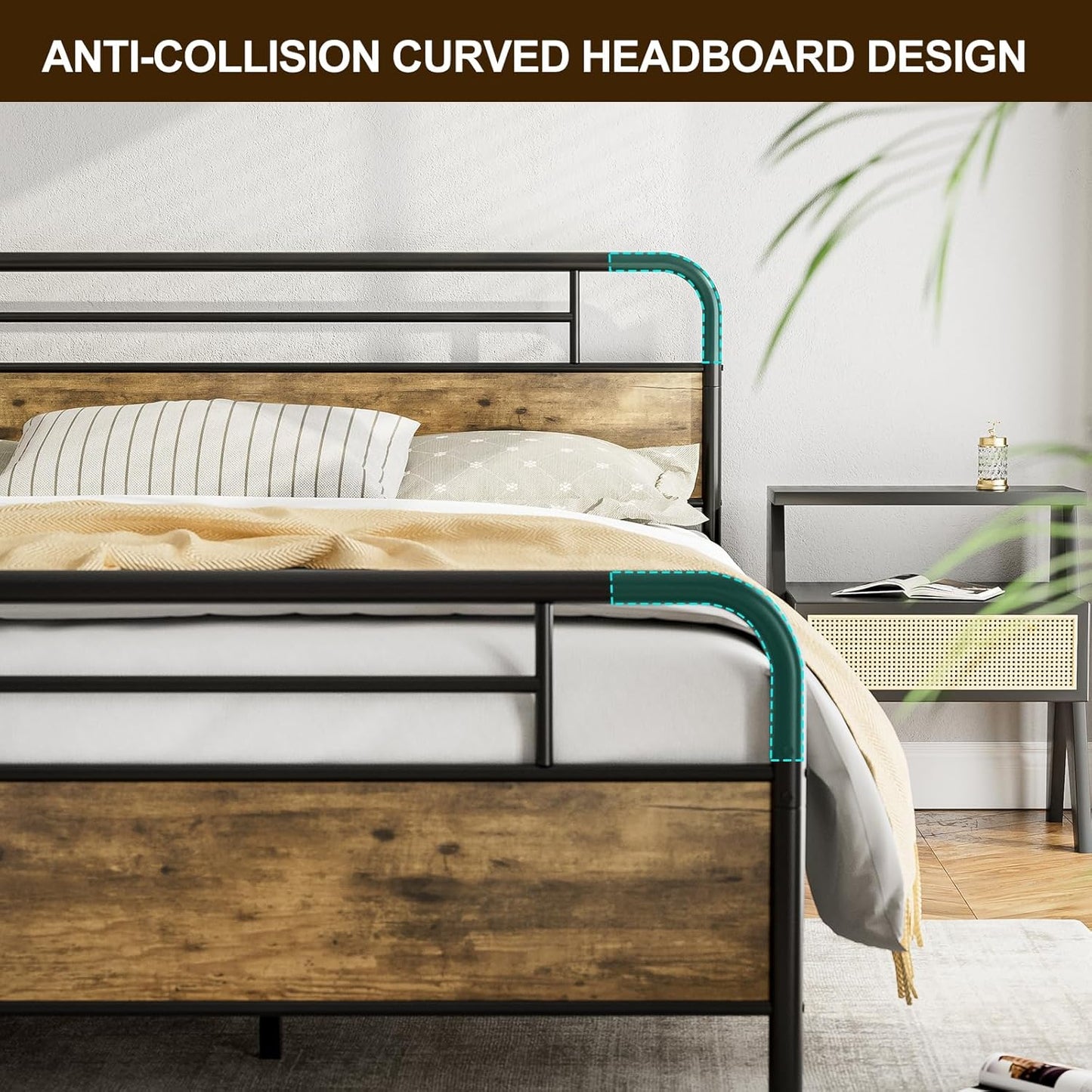 Metal Platform Bed Frame with Wood Headboard Footboard No Box Spring Needed