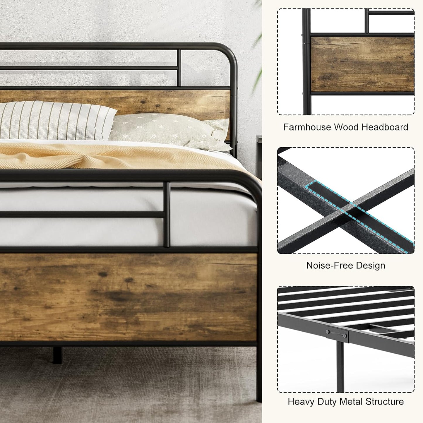 Metal Platform Bed Frame with Wood Headboard Footboard No Box Spring Needed