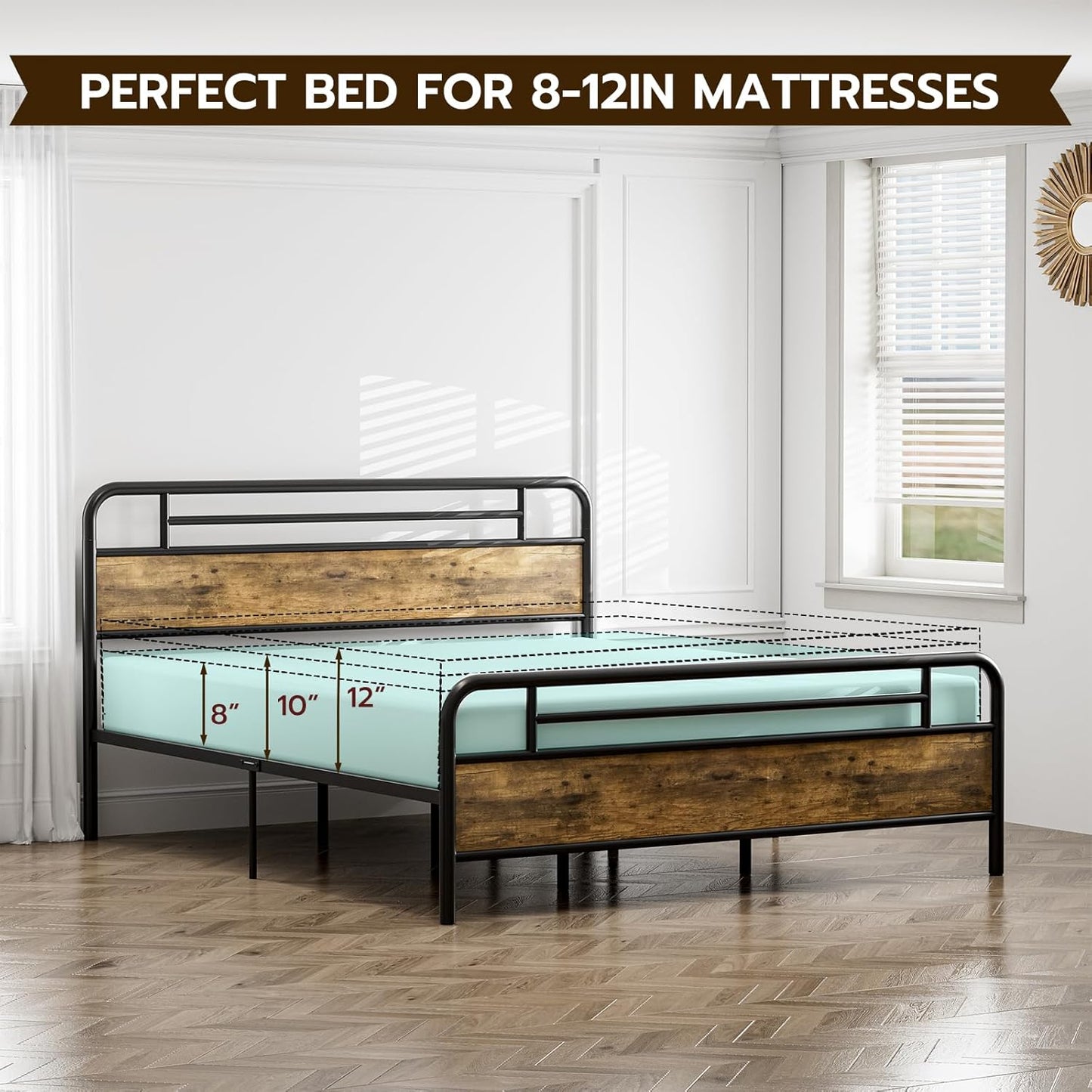 Metal Platform Bed Frame with Wood Headboard Footboard No Box Spring Needed