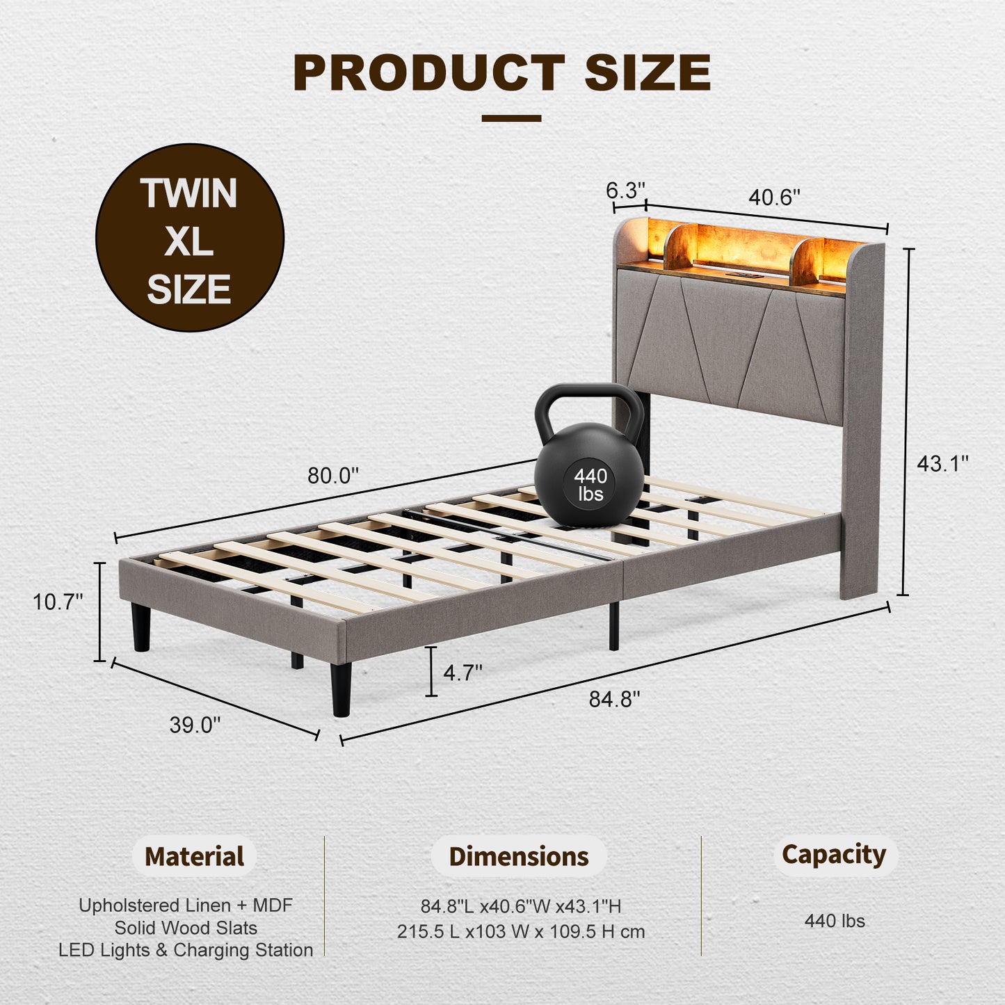LED Bed Frame with Charging Station & Storage Shelf Upholstered Headboard,No Box Spring Needed