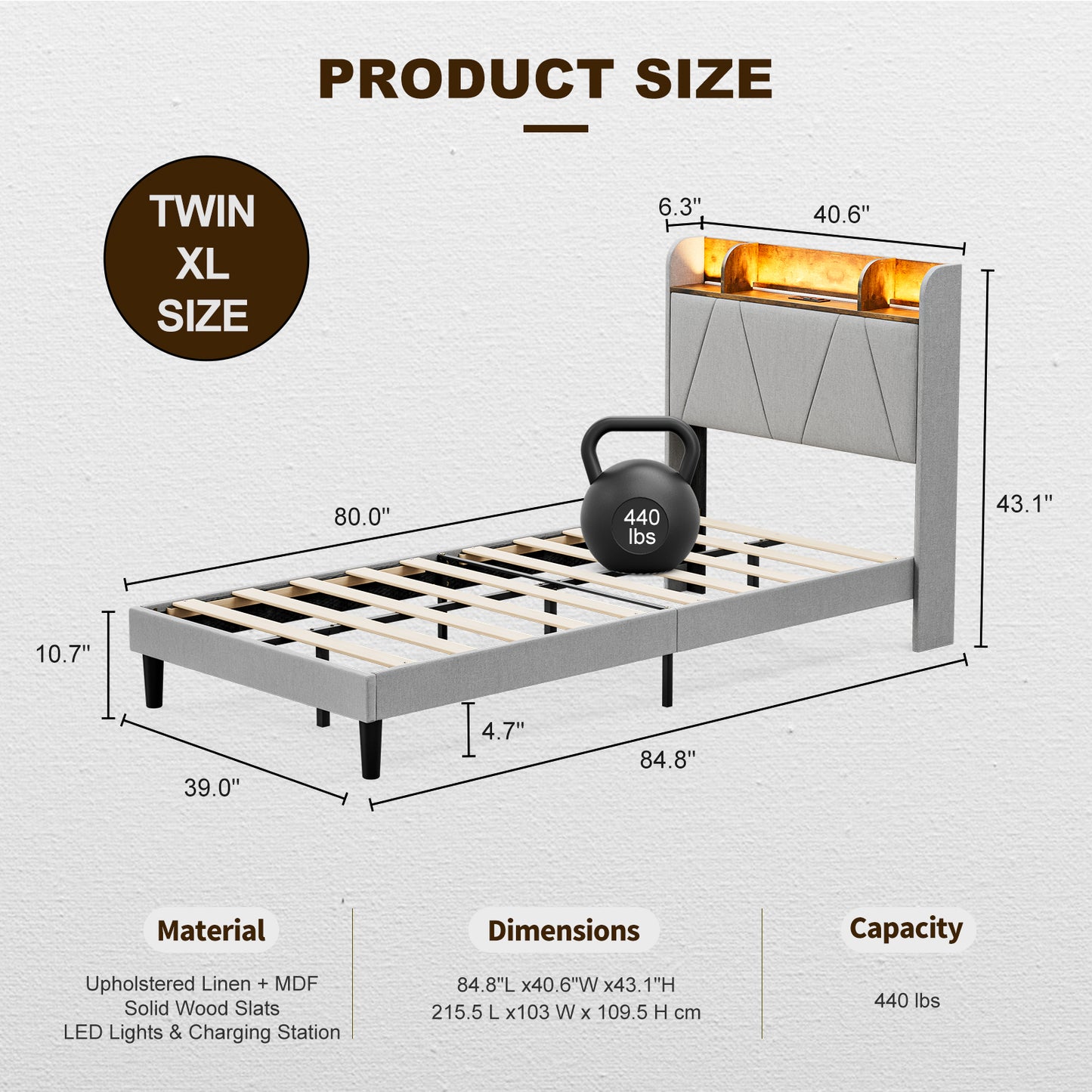 LED Bed Frame with Charging Station & Storage Shelf Upholstered Headboard,No Box Spring Needed
